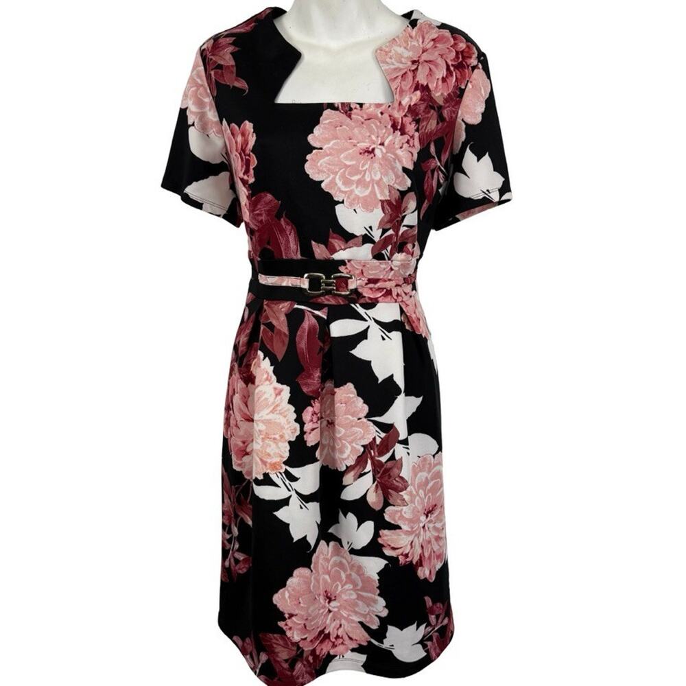 Enfocus Studio Womens Floral Short Sleeve Stretch Scuba Knit Dress Black Pink 10